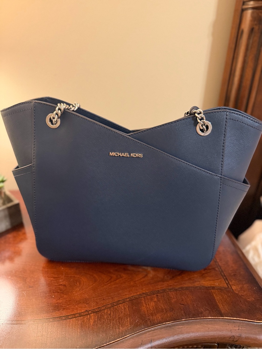 Michael Kors Navy Saffiano Leather Chain-Handle Shoulder Tote